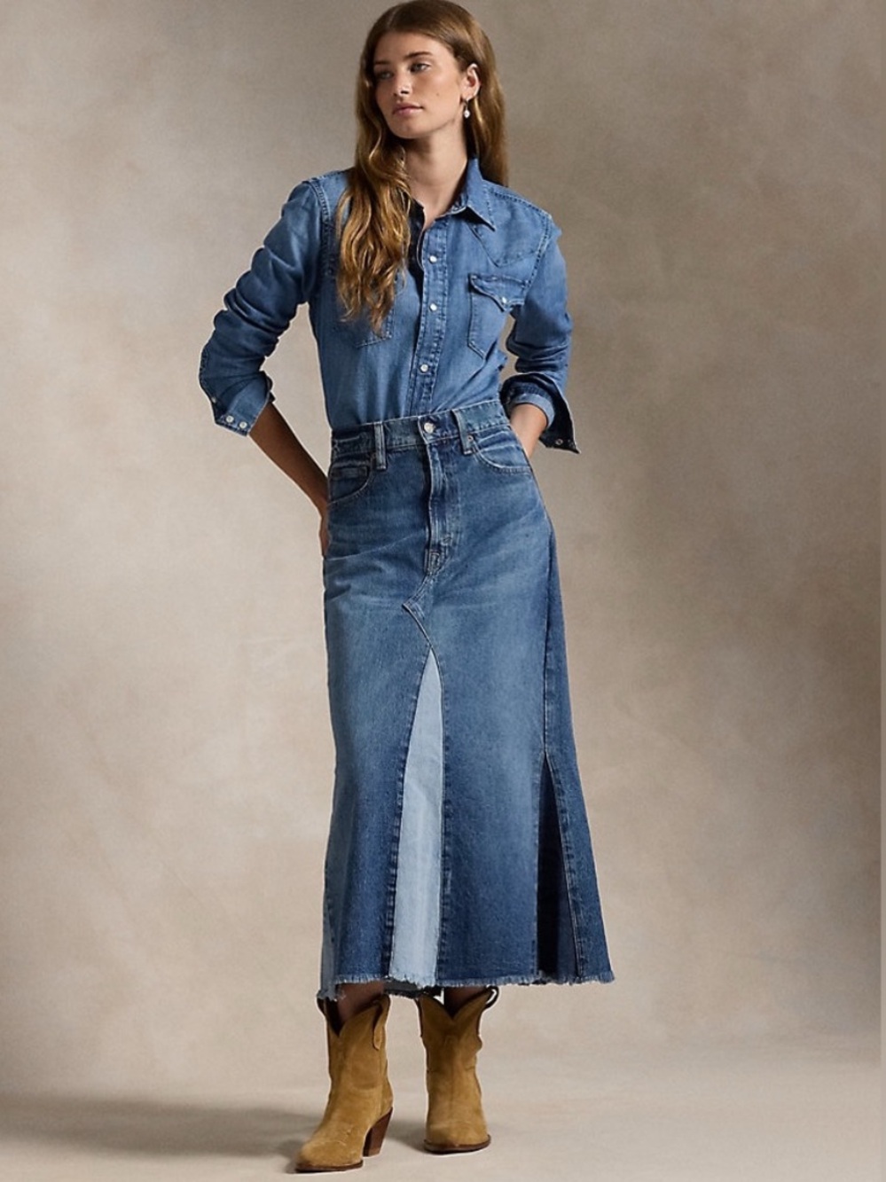 Polo by Ralph Lauren Deconstructed Denim Maxi Skirt Size 27 Patchwork Blue